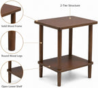 Solid Wood End Table, 2-Tier Side Table with Storage Shelf, Rubber Wood Nightstand for Living Room and Bedroom, Walnut Brown