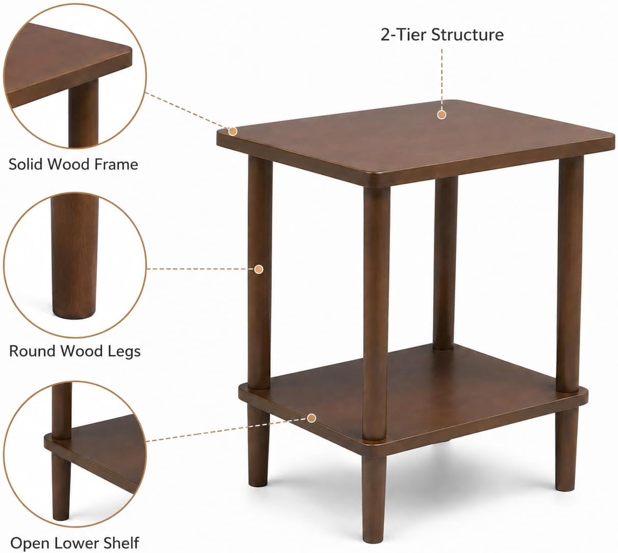 Solid Wood End Table, 2-Tier Side Table with Storage Shelf, Rubber Wood Nightstand for Living Room and Bedroom, Walnut Brown