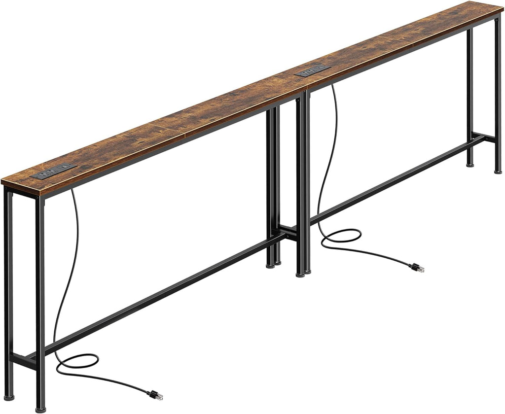 SUPERJARE 102.4 Inch Sofa Table with Power Outlets and USB-C Ports, 5.9 Inch Narrow Console Tables, Entryway Hallway Couch Tables with Storage, Behind Sofa, Small Spaces, Living Room, Rustic Brown