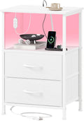 Somdot Nightstand with 2 Drawers, Charging Station & LED Light | Fabric-Bin Dresser for Bedroom, Bedside, Kids Room, Dorm, Closet, Laundry and Entryway, White