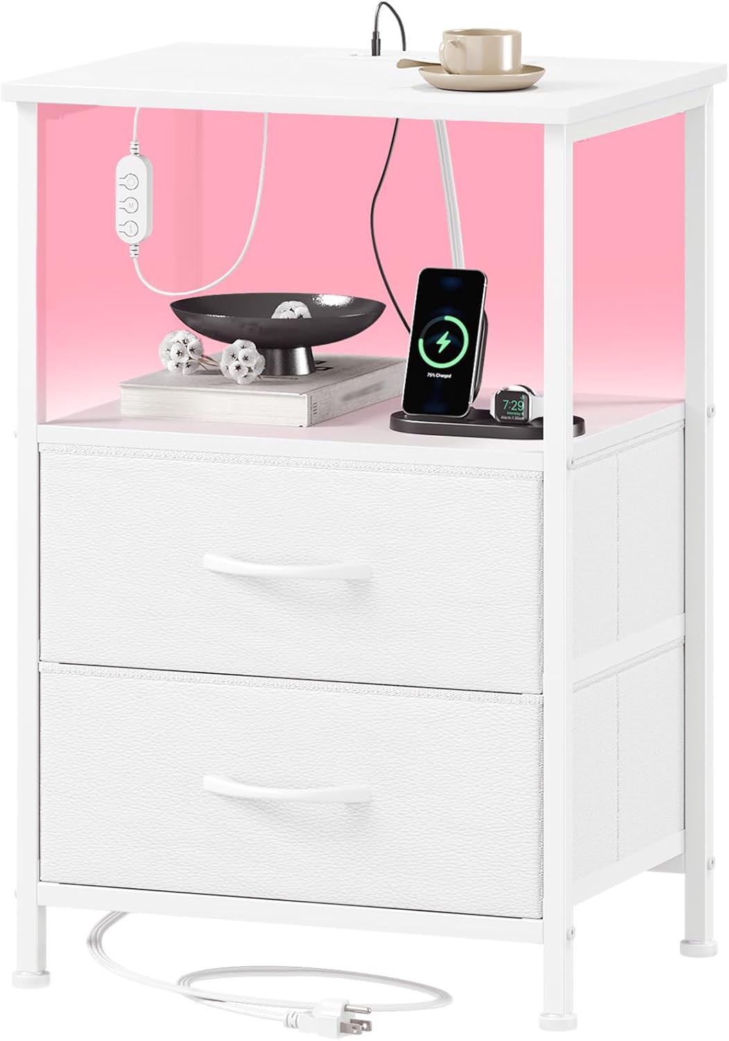 Somdot Nightstand with 2 Drawers, Charging Station & LED Light | Fabric-Bin Dresser for Bedroom, Bedside, Kids Room, Dorm, Closet, Laundry and Entryway, White