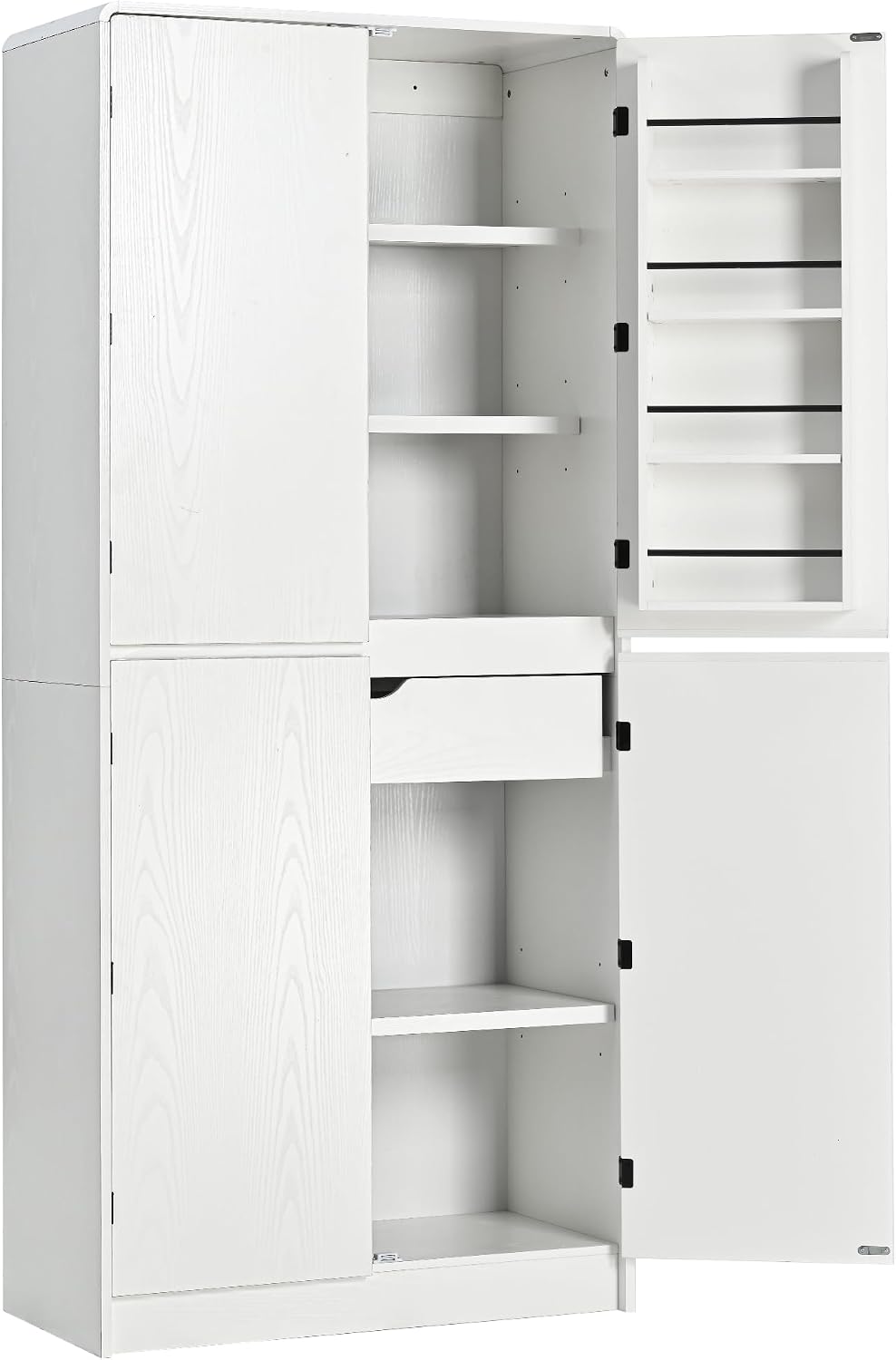 GDFStudio Mrsz 72" Tall Farmhouse Kitchen Pantry Cabinet with 8 Door Shelves & Hidden Drawer, Rectangle Storage Cabinet with 3 Adjustable Shelves, Handle-Less Cupboard for Kitchen Dining Room, White