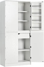 GDFStudio Mrsz 72" Tall Farmhouse Kitchen Pantry Cabinet with 8 Door Shelves & Hidden Drawer, Rectangle Storage Cabinet with 3 Adjustable Shelves, Handle-Less Cupboard for Kitchen Dining Room, White