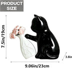 Cute Cat Vase with Flowers, 7.5in Small Ceramic Flower Vase & Cat Figurine | Unique Creative Black Vase Gifts for Cat Lovers, Decorative Vases for Home Office Bedroom Table Centerpieces Shelf Decor