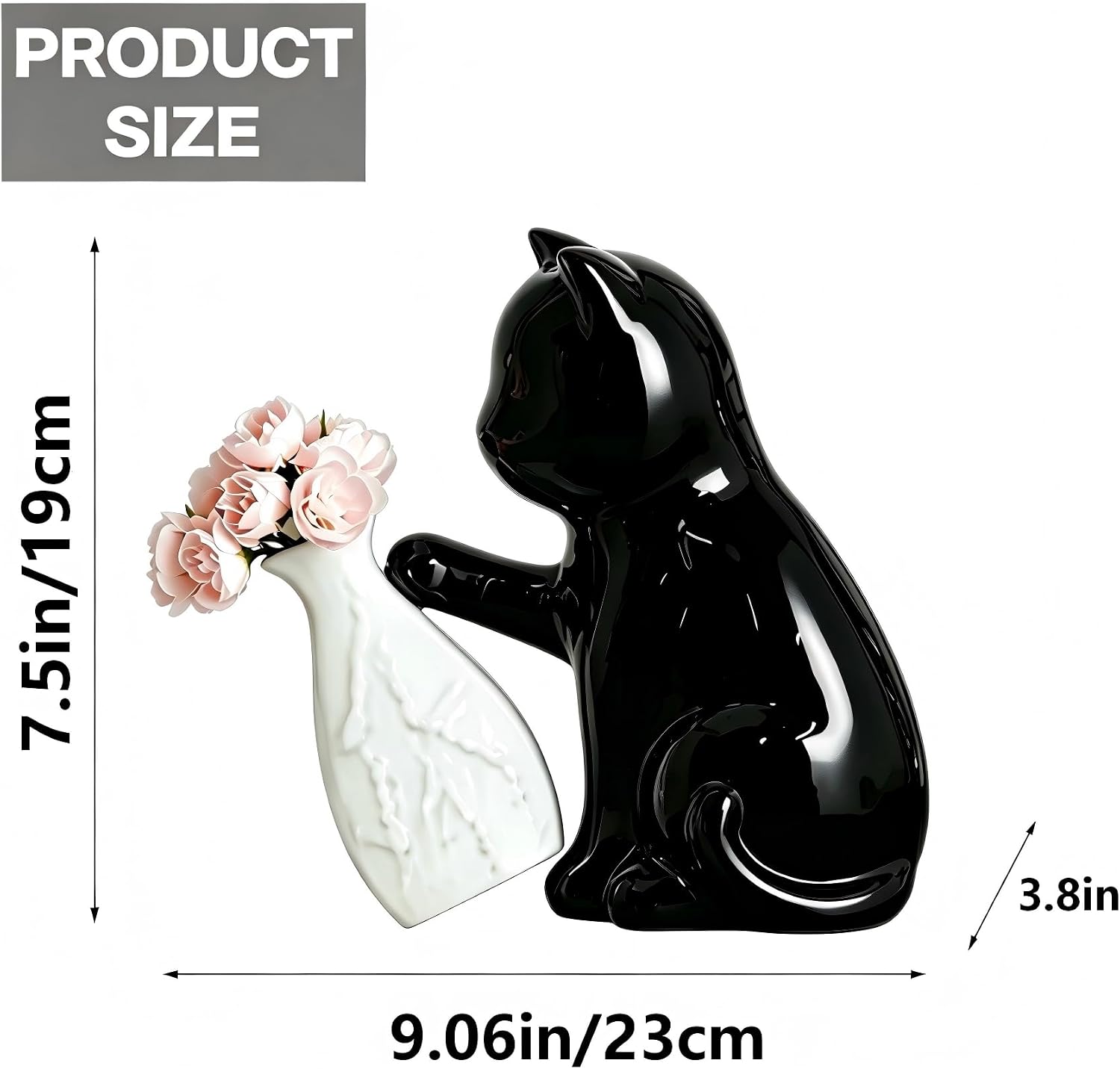 Cute Cat Vase with Flowers, 7.5in Small Ceramic Flower Vase & Cat Figurine | Unique Creative Black Vase Gifts for Cat Lovers, Decorative Vases for Home Office Bedroom Table Centerpieces Shelf Decor
