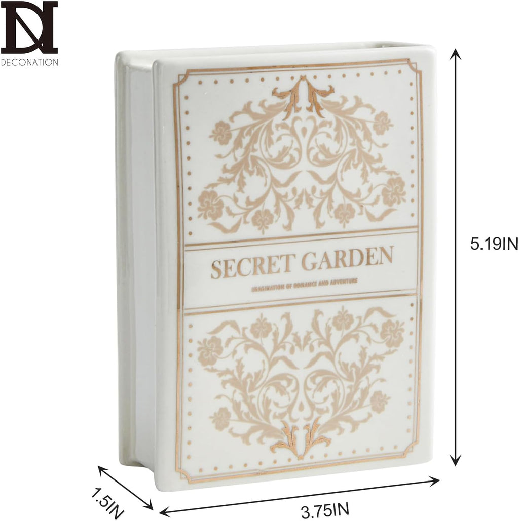 Ceramic Book-Shaped Vase for Flowers, Book Lovers Gifts Planter Pot, Aesthetic Room Decor Cute Unique Flowers Vases for Home, Bookshelf, Bookish, Bedroom & Office Decor for Women, Reader Gift (White)