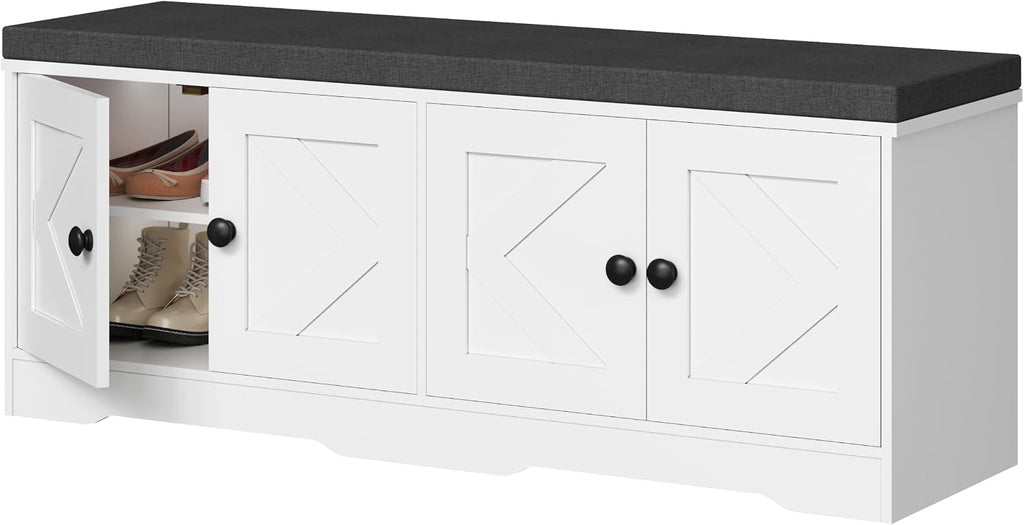 Apicizon 2-Tier Storage Bench, 47.36" Entryway Bench with Seat Cushion, 4 Barn Doors, Adjustable Shelves, Shoe Bench for Entryway Hallway Bedroom Living Room, Beige White
