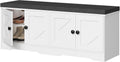 Apicizon 2-Tier Storage Bench, 47.36" Entryway Bench with Seat Cushion, 4 Barn Doors, Adjustable Shelves, Shoe Bench for Entryway Hallway Bedroom Living Room, Beige White