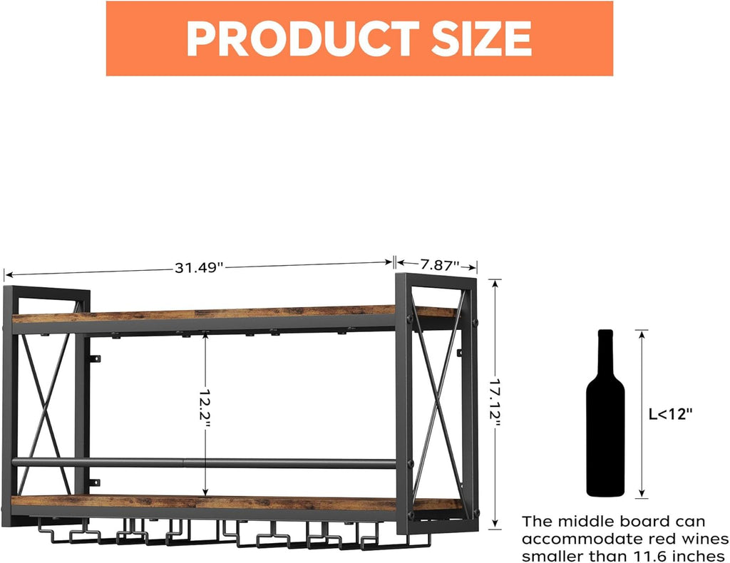 Homeiju Wall Mounted Wine Rack, Bottle & Glass Holder Wood-Metal Retro Wine Rack, Wine Bottles Display Wall Storage for Kitchen Dining Room Home Bar