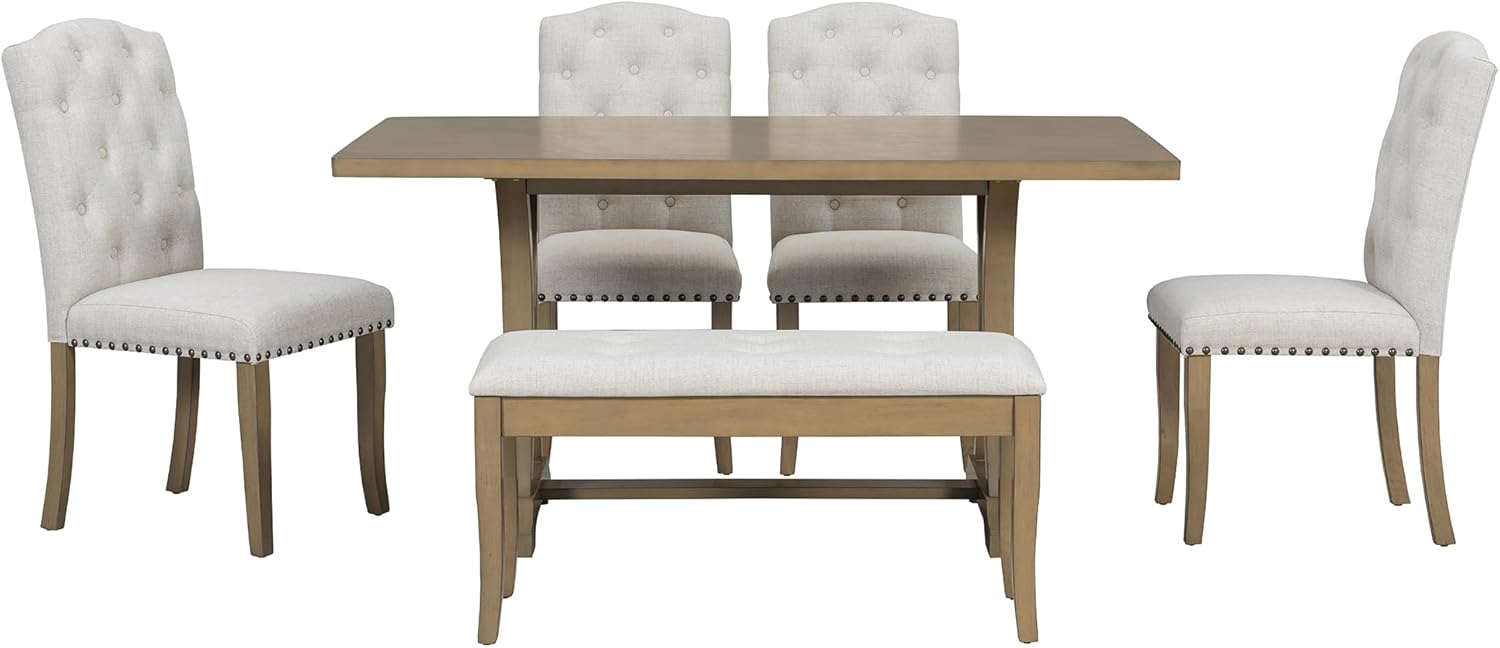 Mirightone Farmhouse Dining Table Set for 6, Dining Table with Bench and Chairs, 6 Piece Kitchen Table Set Solid Wood Dining Room Set with Trestle Table Legs (Natural Wood Wash)