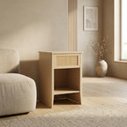 Furnifact Rattan Accent Side Table with Drawer Storage, Open Shelf, Modern Design, Home Decor for Living Room or Bedroom