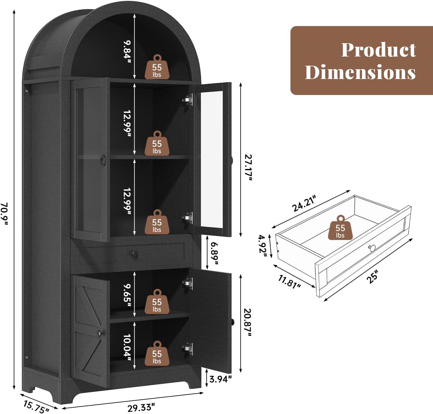 71" Tall Farmhouse Arched Storage Cabinet with Glass Door, Drawer and Barn Door, Versatile Pantry for Kitchen, Bathroom, Dining Room, Black