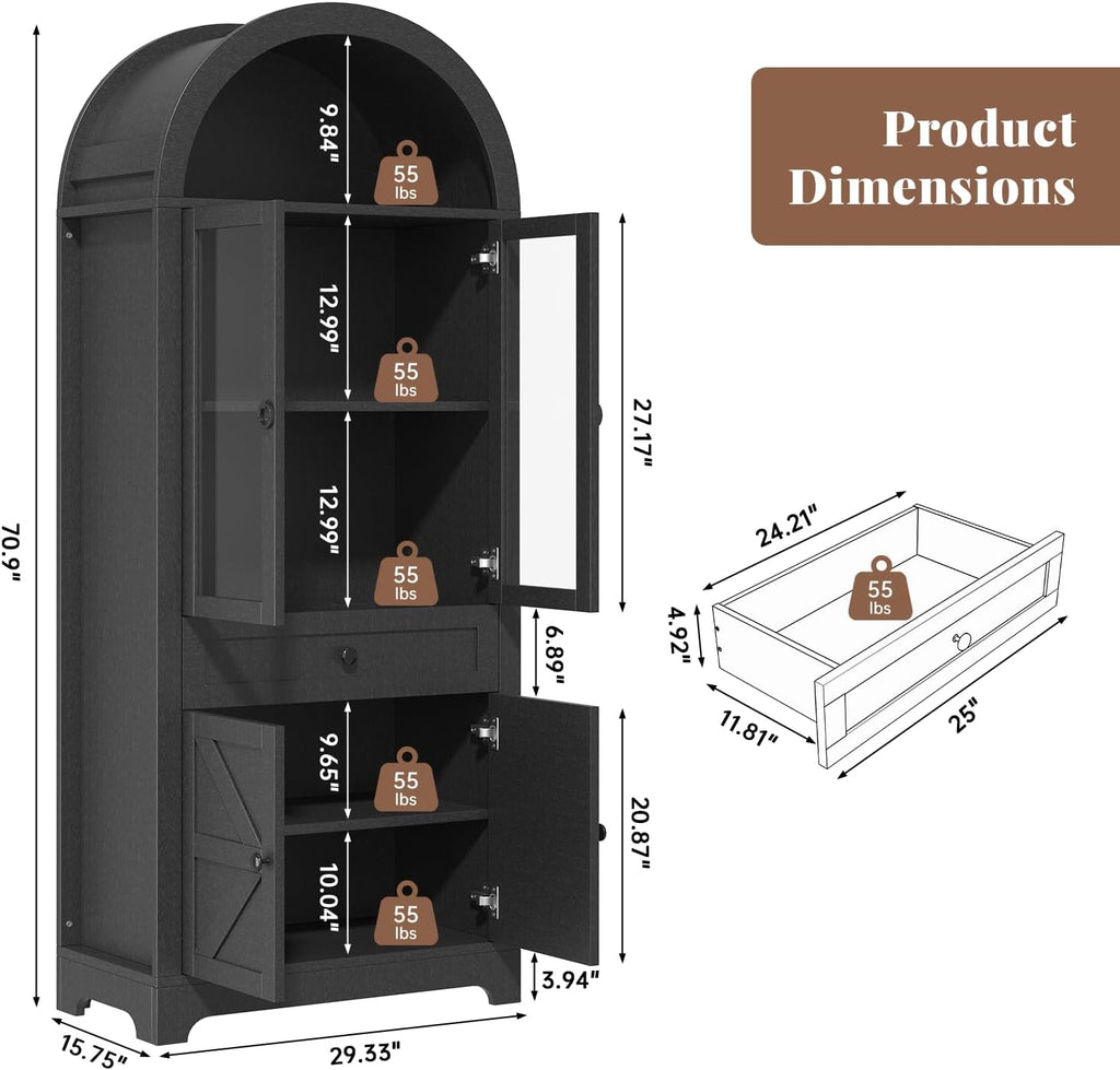71" Tall Farmhouse Arched Storage Cabinet with Glass Door, Drawer and Barn Door, Versatile Pantry for Kitchen, Bathroom, Dining Room, Black