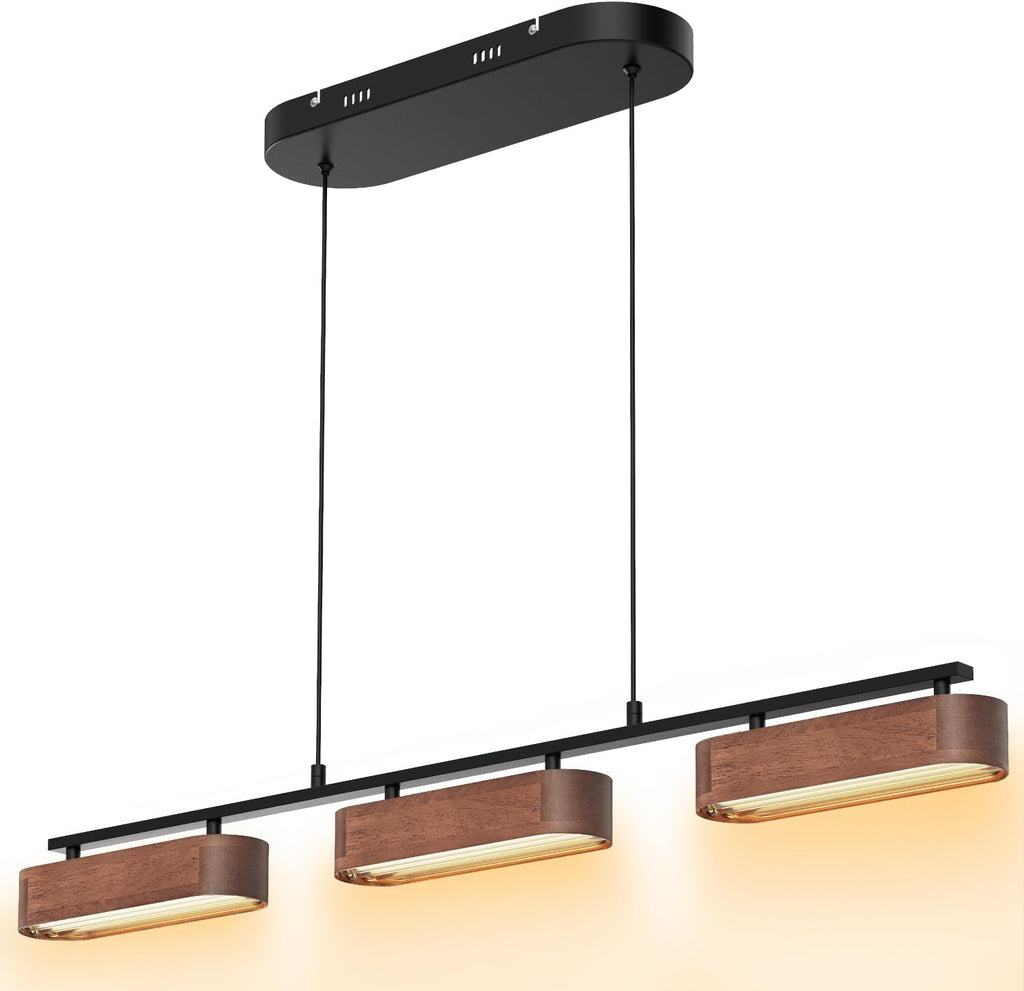 37.6" Kitchen Island Lights, 28W Wood Dining Room Light Fixtures Over Table, Dimmable Linear Pendant Lights for Kitchen Island, 3-Light Rustic Hanging Farmhouse Chandeliers, Walnut Color