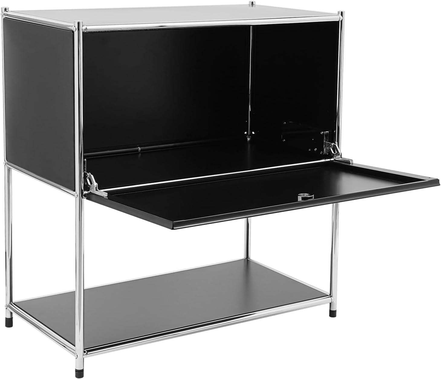 Modern Metal Side Table with Drop-Door & Open Shelf, 27.5" Height Silver & Orange Storage Cabinet for Living Room, Bedroom, Office - Nightstand, Bookshelf, for Small Spaces, Apartments & Dorms(Black)