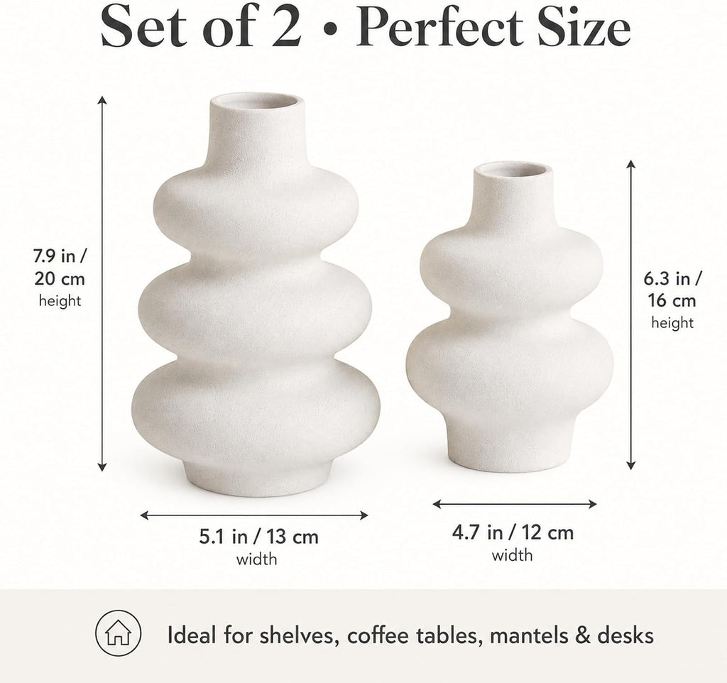 Ceramic Vase Set, Modern White Vases for Living Room Decor | Set of 2 off white ceramic round vases styles pampas, dried stems or empty display for modern neutral decor.