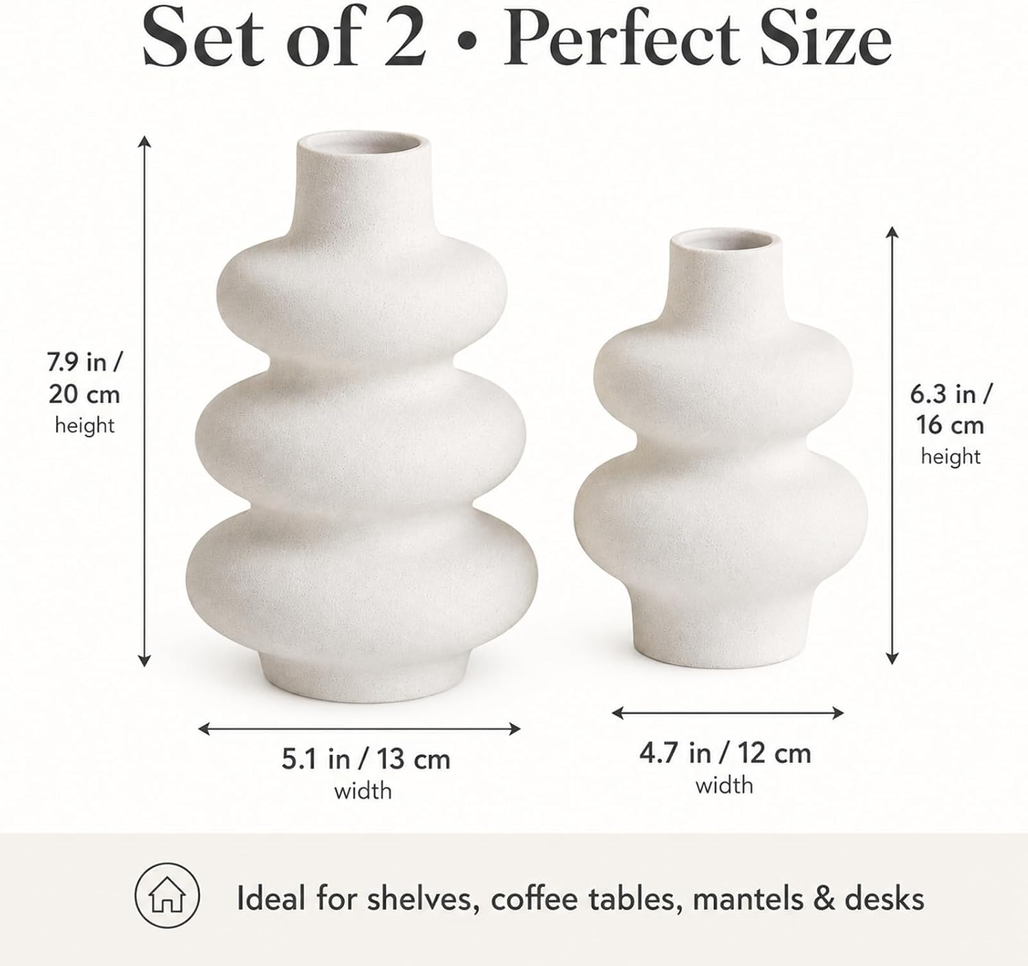 Ceramic Vase Set, Modern White Vases for Living Room Decor | Set of 2 off white ceramic round vases styles pampas, dried stems or empty display for modern neutral decor.