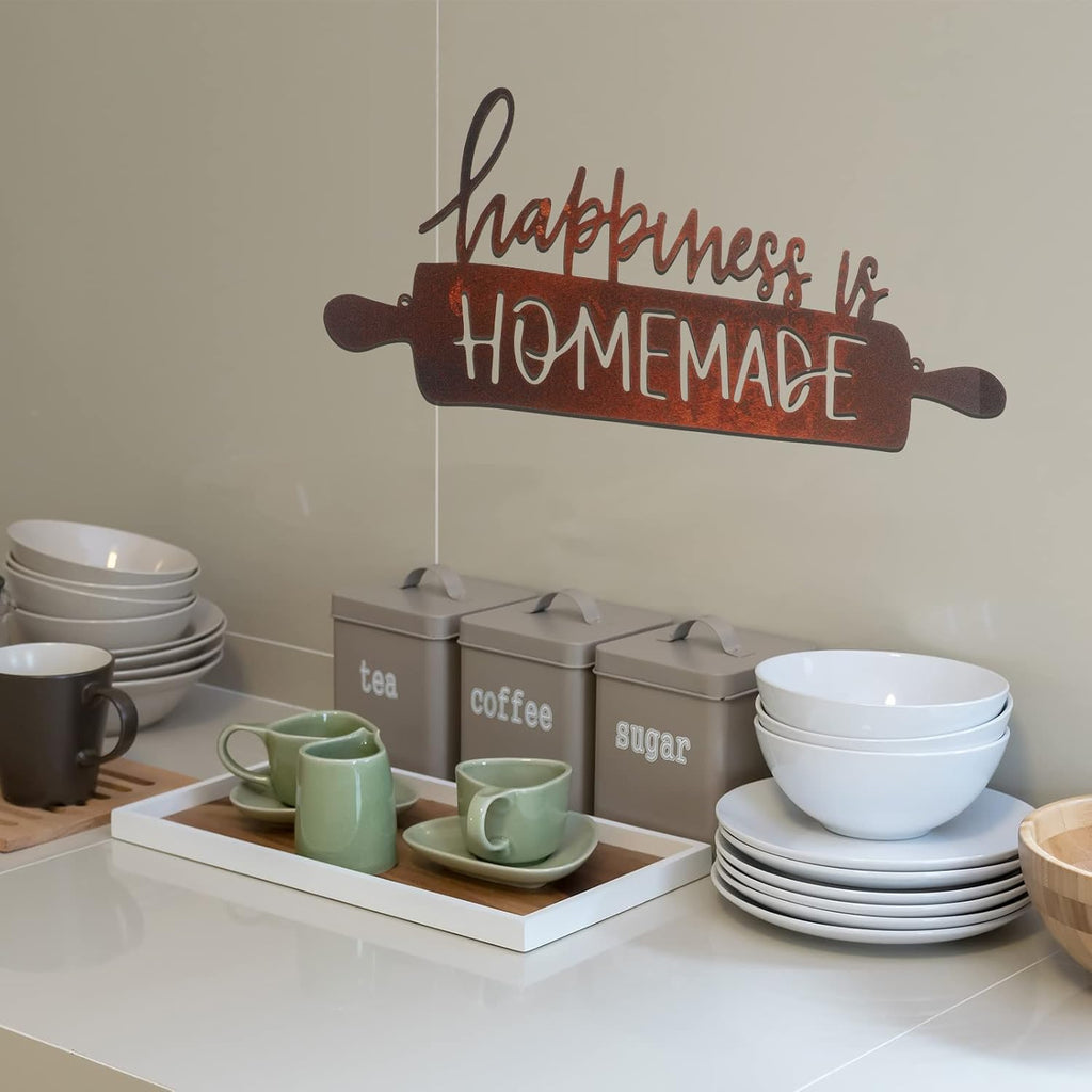 Funrous Kitchen Wall Art Decor Happiness Is Homemade Metal Sign Rustic Farmhouse Kitchen Decor Hanging Decorative Signs and Plaques for Home Dining Garden Room 13.8 x 6.3 Inch(Brown)
