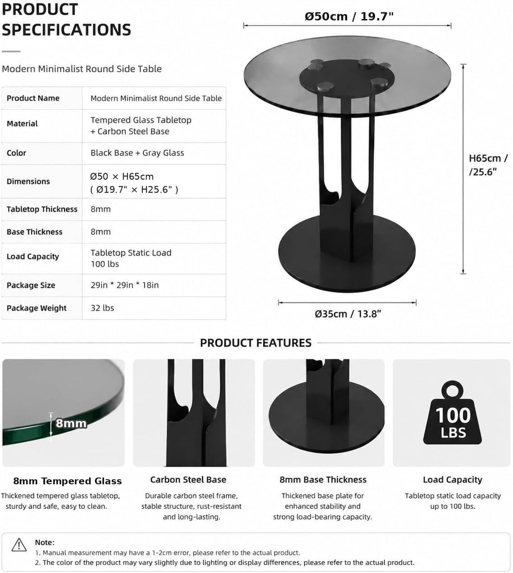 Round Tempered Glass Side Table, Black Metal End Table with Gray Glass Top, Modern Accent Table for Living Room, Bedroom, Sofa Side, Small Spaces