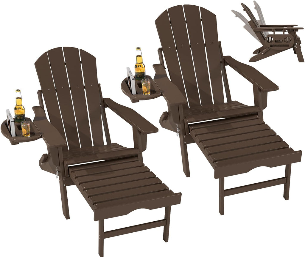 FOOWIN Folding Adjustable Adirondack Chair with Retractable Ottoman Set of 2, HDPE Adirondack Chair w/4 in 1 Cup Holder Trays,All-Weather Resistant Fire Pit Chair for Outdoor Patio Lawn, Coffee