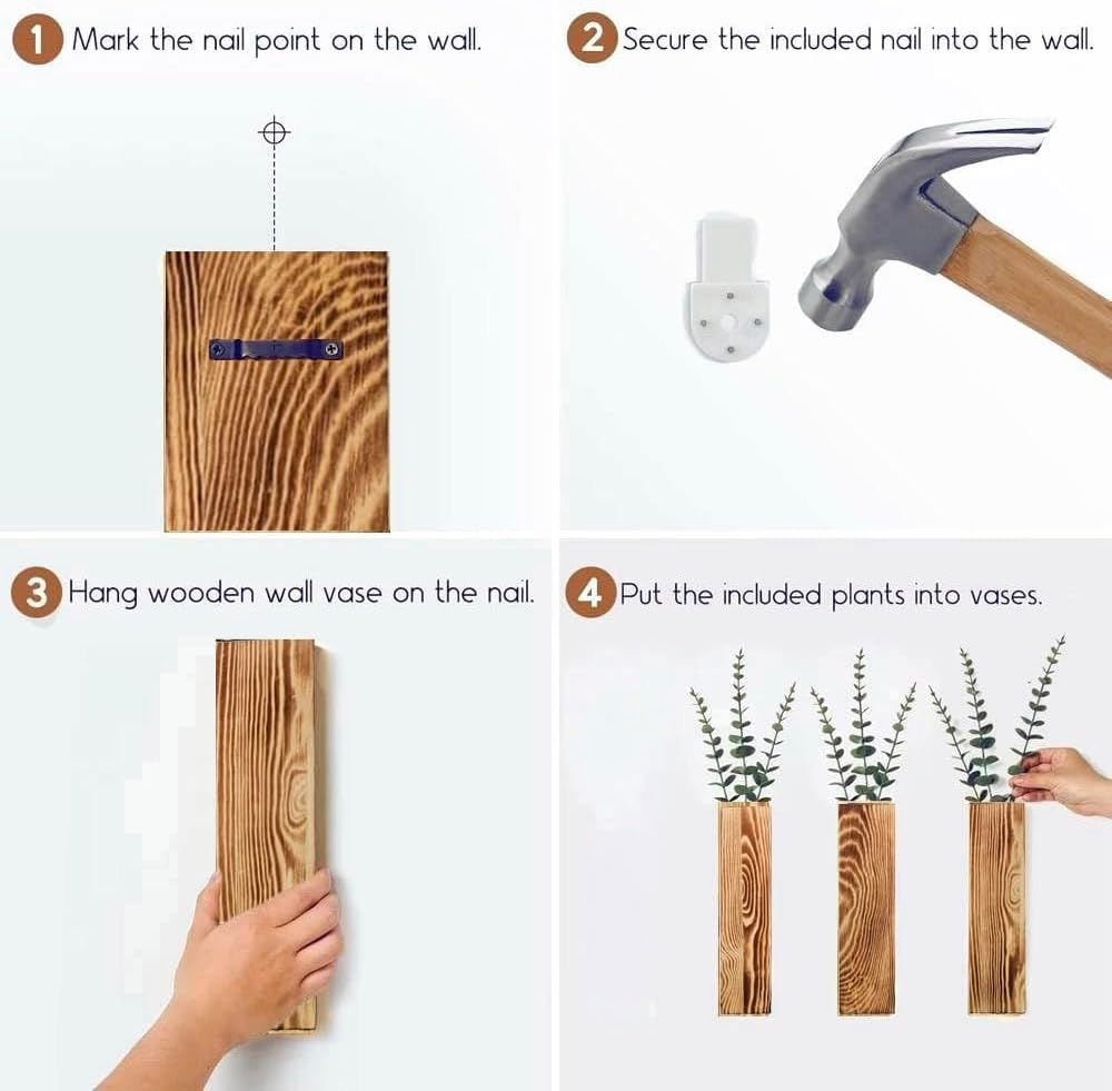 Wall Vases Set of 3 with Artificial Plants Wooden Hanging Planter Vases for Farmhouse, Modern & Rustic Home Decor Living Room, Bedroom, Kitchen, Office Decoration with Faux Greenery