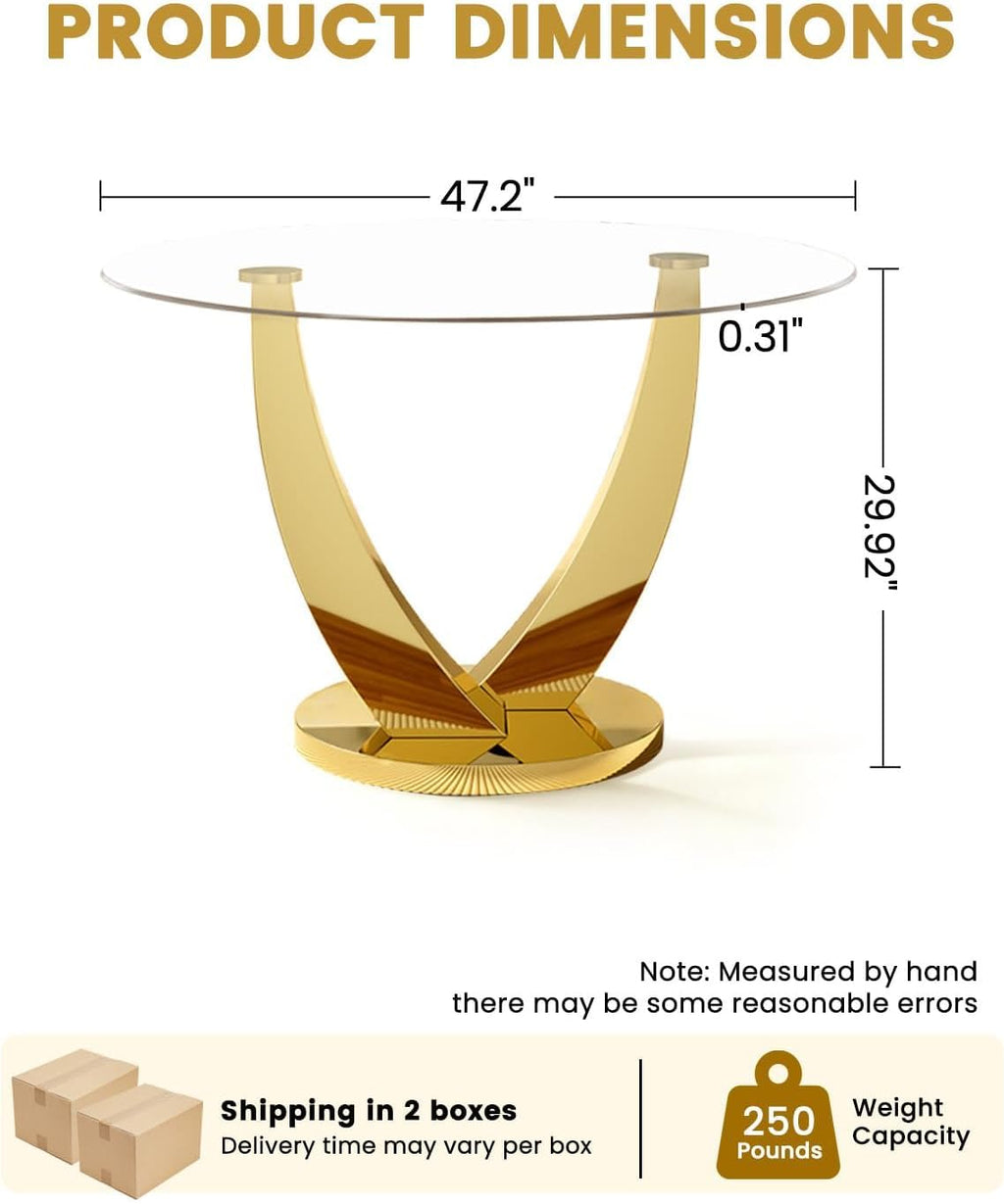 47.2" Round Glass Dining Table for 4-6, Modern Kitchen Table with Tempered Glass Top & Stainless Steel Legs, Circle Dining Table for Home, Living Room, Apartment (Gold)