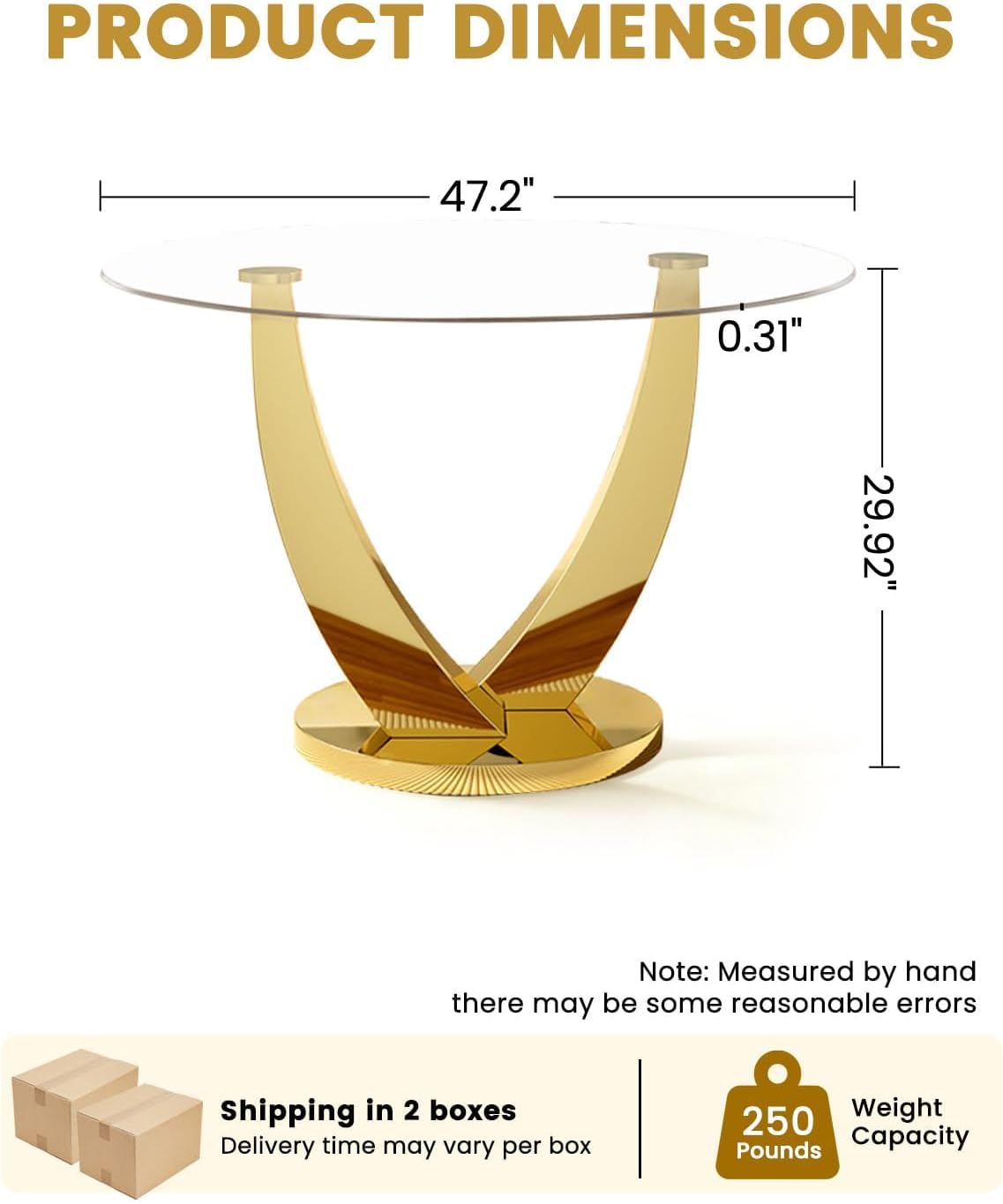 47.2" Round Glass Dining Table for 4-6, Modern Kitchen Table with Tempered Glass Top & Stainless Steel Legs, Circle Dining Table for Home, Living Room, Apartment (Gold)