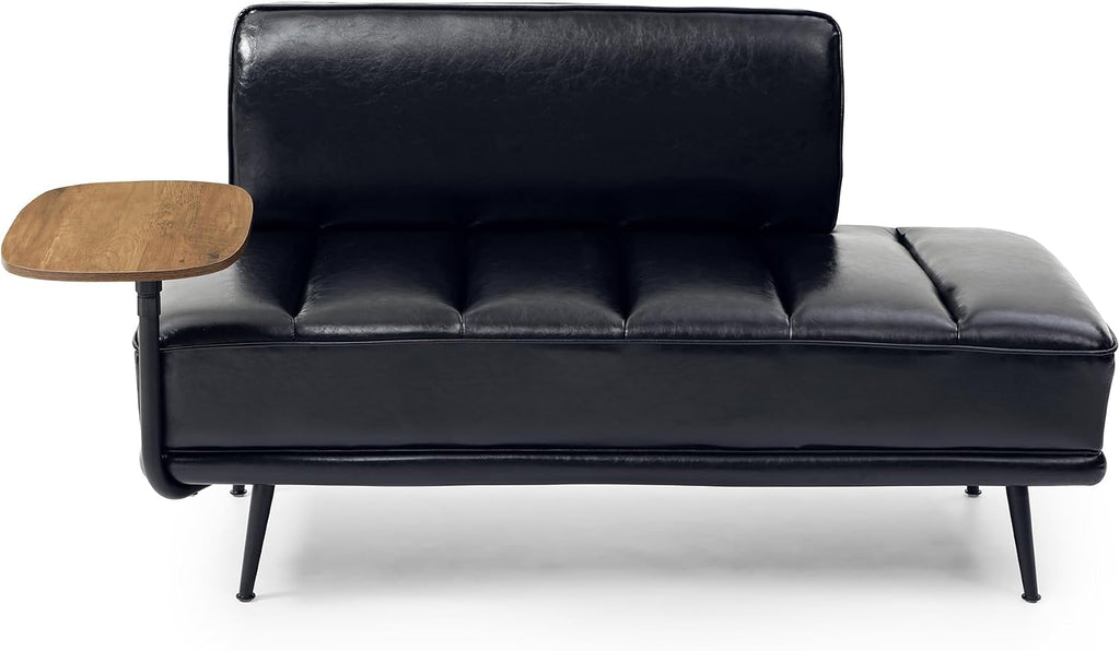 55" Modern Upholstered Bedroom Bench with Side Table - 360° Rotating Tray, PU Leather Cushion, Metal Legs for Living Room & Entryway (Black)