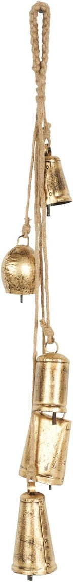 Deco 79 Golden Bell Cluster | Indoor Tibetan Inspired Cascading Meditation Bell With 5 Bells On Jute Hanging Rope Cowbells