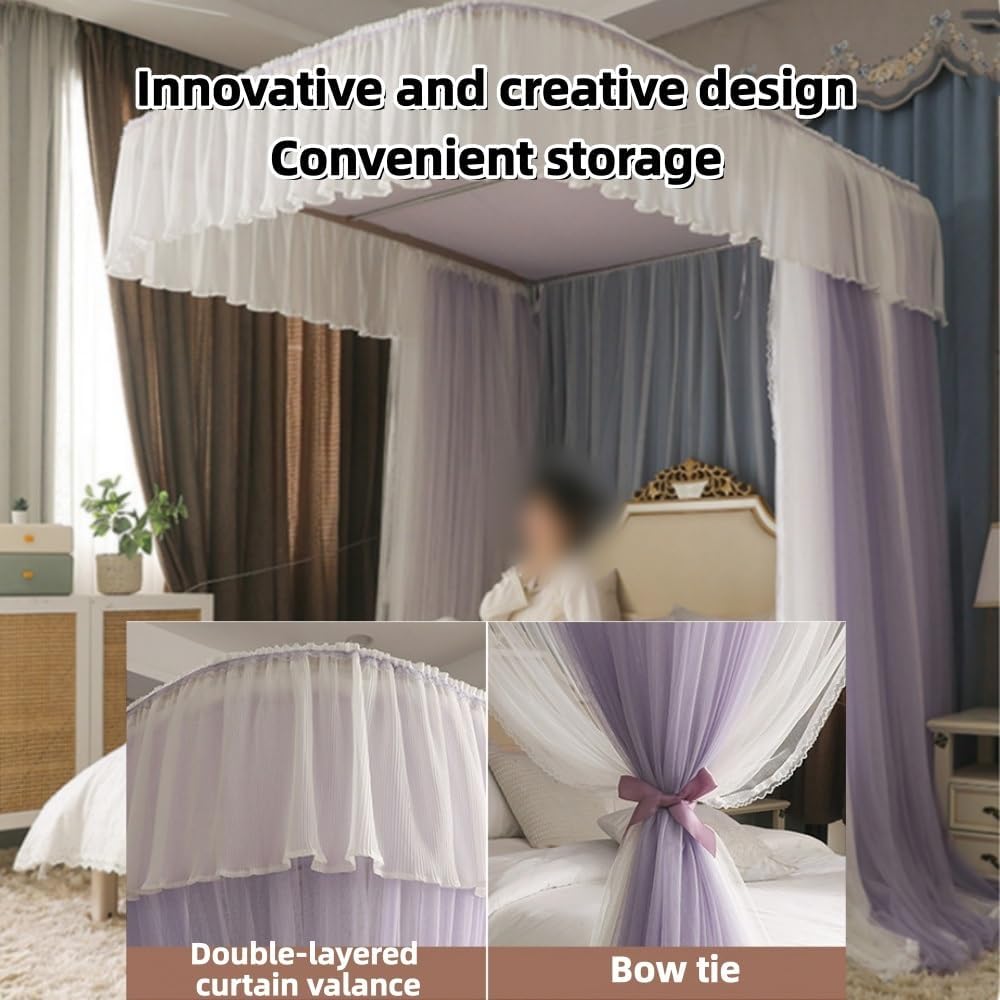 U-Shaped Rail Canopy Bed with Metal Frame, Double Layer Bed Mosquito Net for Bedroom Decoration, Lace Design Curtains Canopy for Twin, Full, Queen Beds(Green,Small)