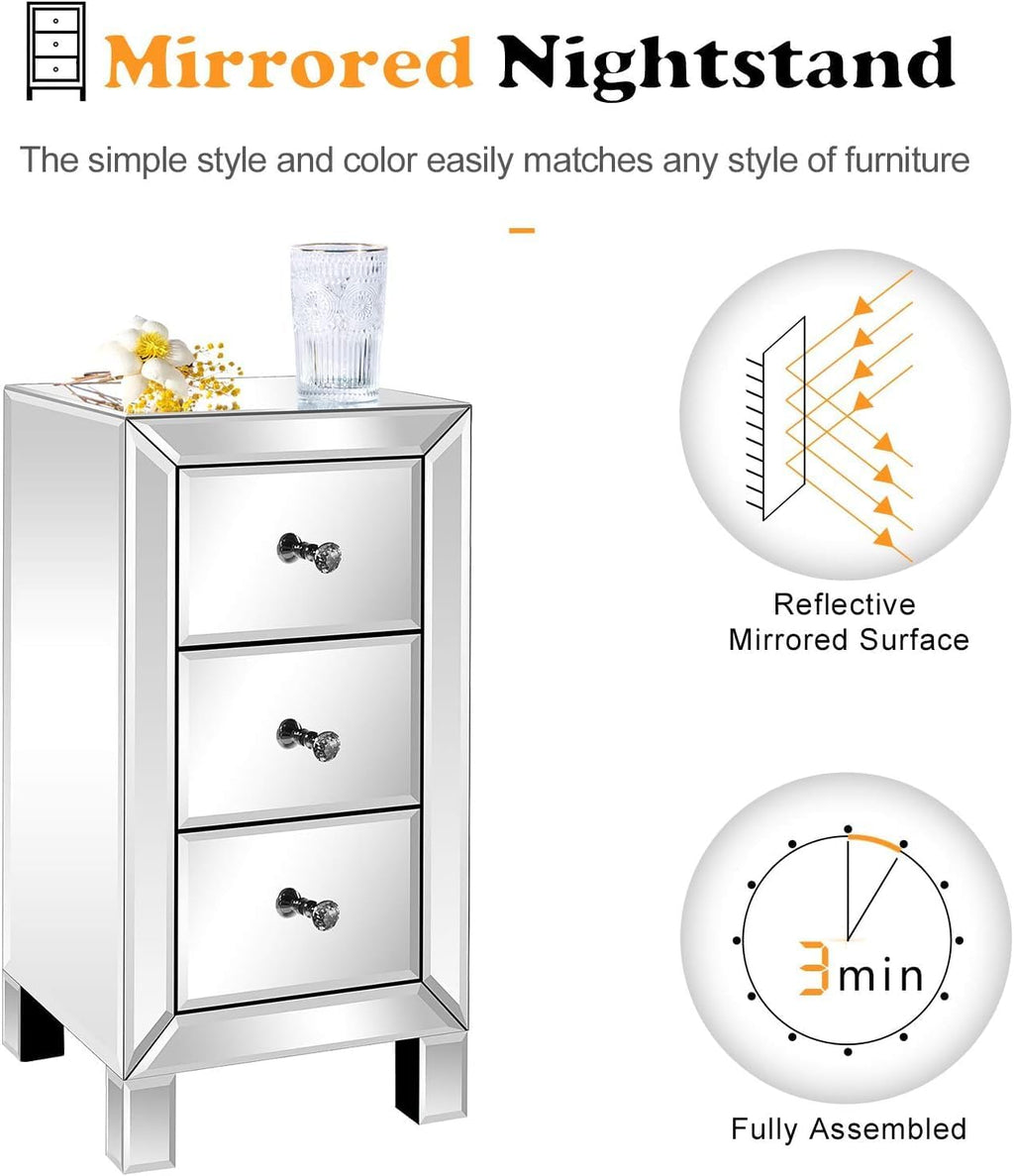 3 Drawer Mirrored Nightstand, Silver Glass Bedside Table with Crystal Knobs, Fully Assembled End Table for Bedroom, Living Room, Glam Accent Furniture, 11.8" x 11.8" x 23.6"