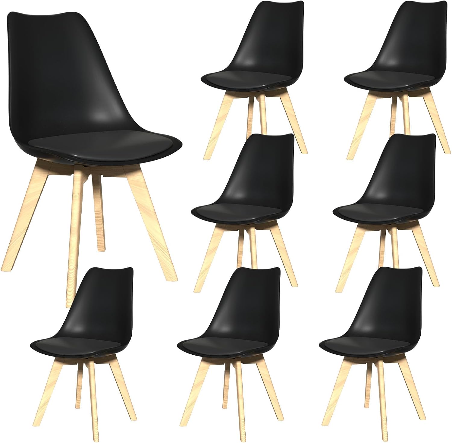Dining Chairs Set of 8, Mid-Century Kitchen & Dining Room Chairs with Wood Legs and Cushion, Leather Dining Chairs Set for Living Room, Kitchen, Black 8 Pack