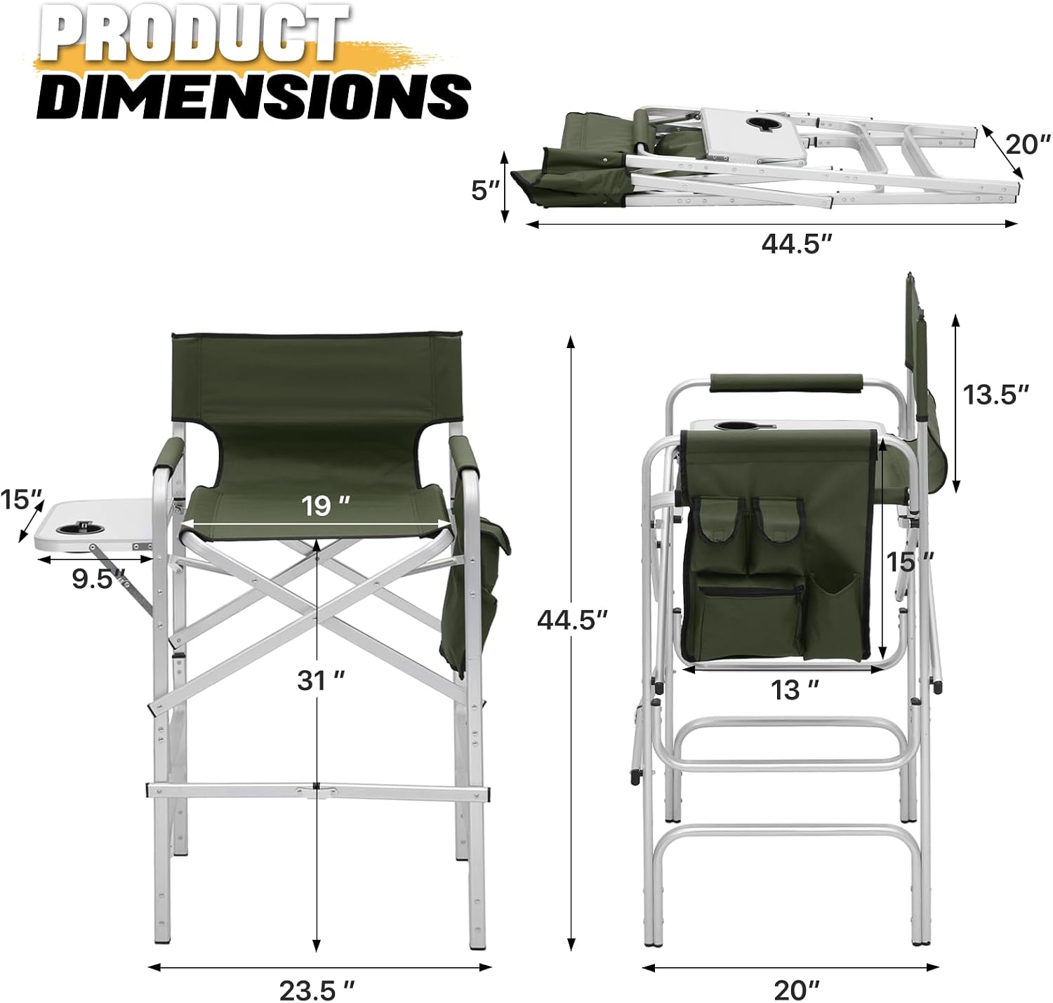 MoNiBloom 44.5'' Tall Makeup Artist Director Chair, Foldable Portable Aluminum Frame Folding Chair with Side Table, Cup Holder and Storage Pockets, 250 lbs Capacity, Dark Green