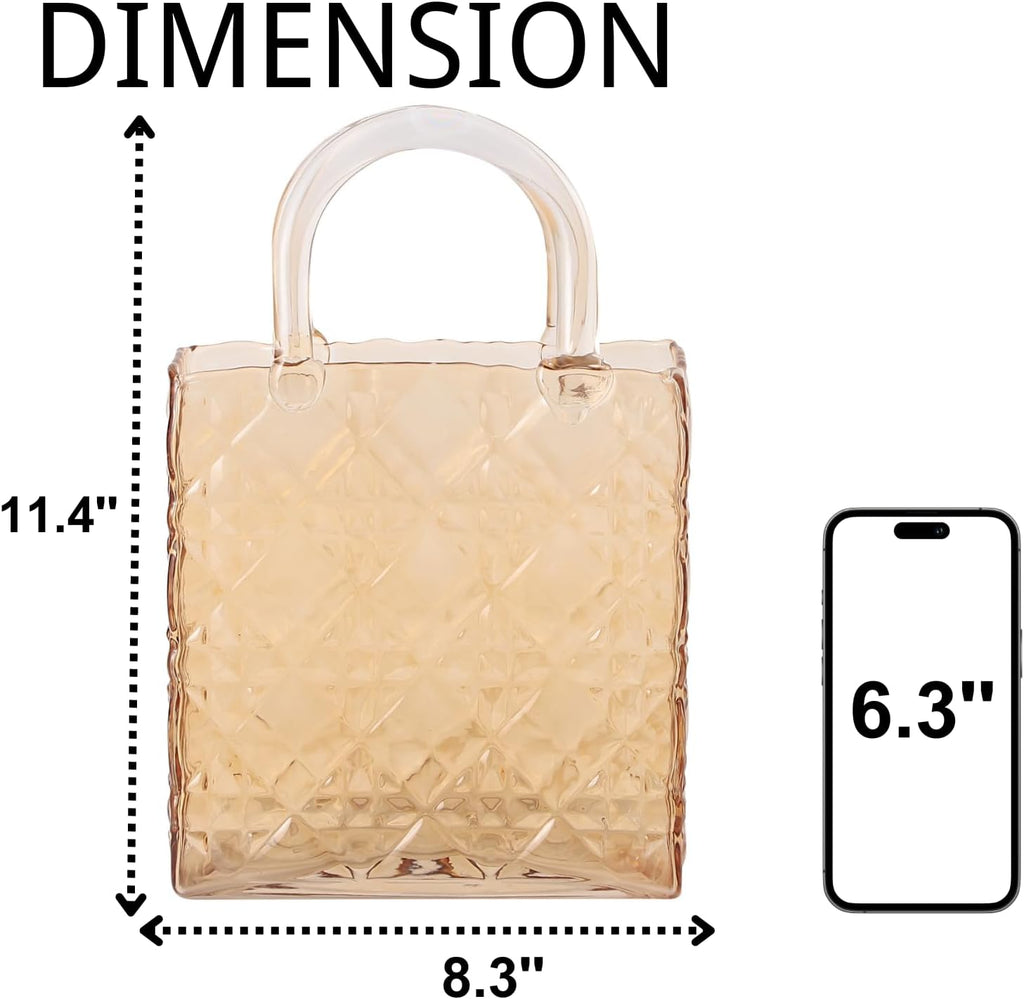 Glass Purse Vase, Glass Bag Vase, Amber Vases for Flowers, 12 Inch Large Flower Vases with Embossed Pattern for Wedding, Living Room, Bedroom, Table, Office(Tote)