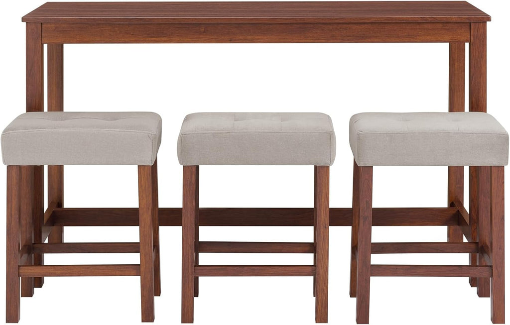 Knocbel Industrial 3-Person Counter Height Bar Table Set with Power Outlet, 4-Piece Dinette Set with Padded Seat Stools, Apartment Condo Small Space Pub Bistro Dining Furniture Set (Cherry)