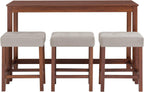 Knocbel Industrial 3-Person Counter Height Bar Table Set with Power Outlet, 4-Piece Dinette Set with Padded Seat Stools, Apartment Condo Small Space Pub Bistro Dining Furniture Set (Cherry)