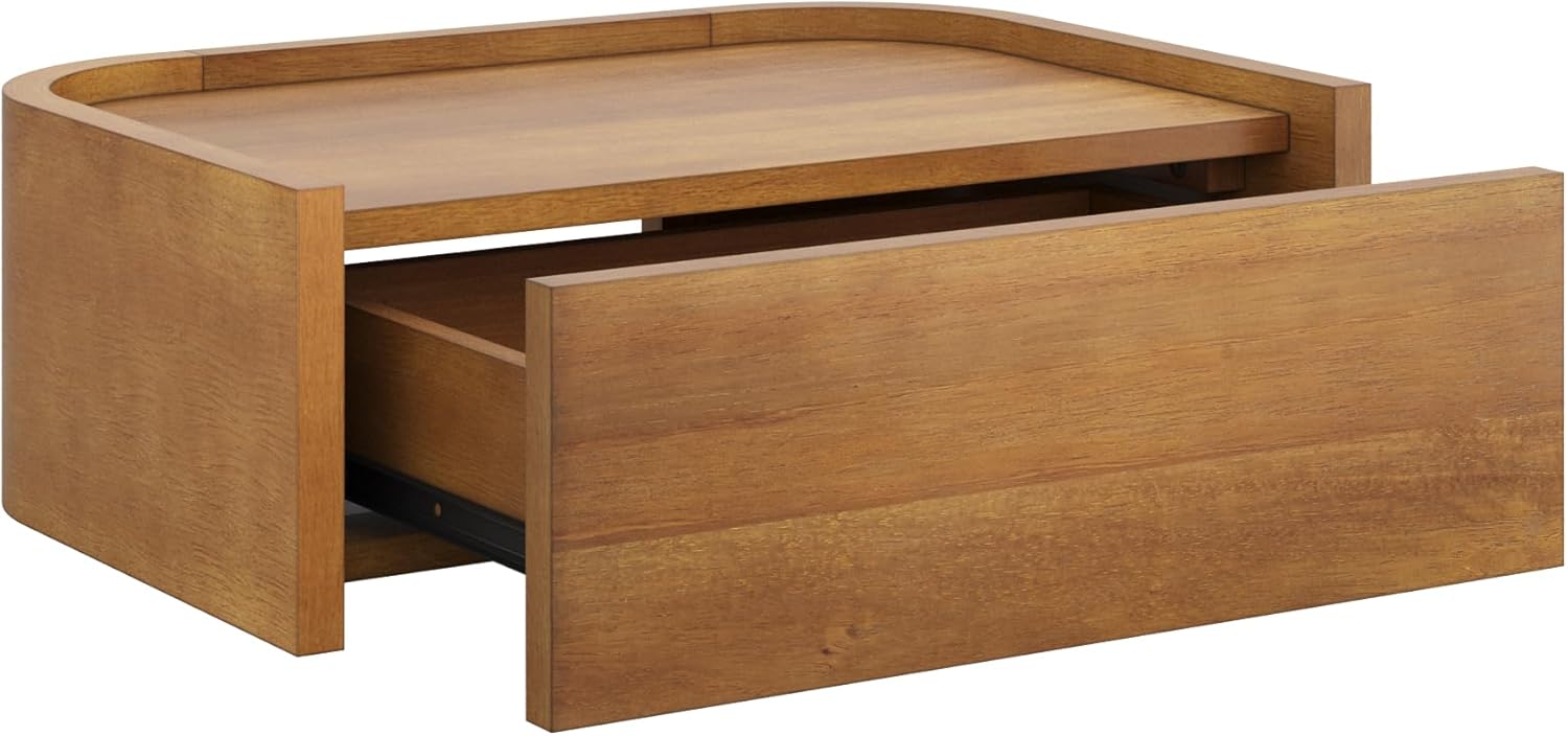 Nathan James Tyla Wall Mounted Bedside Table, Floating 1-Drawer Nightstand with Rounded Edges, Light Brown Set of 2
