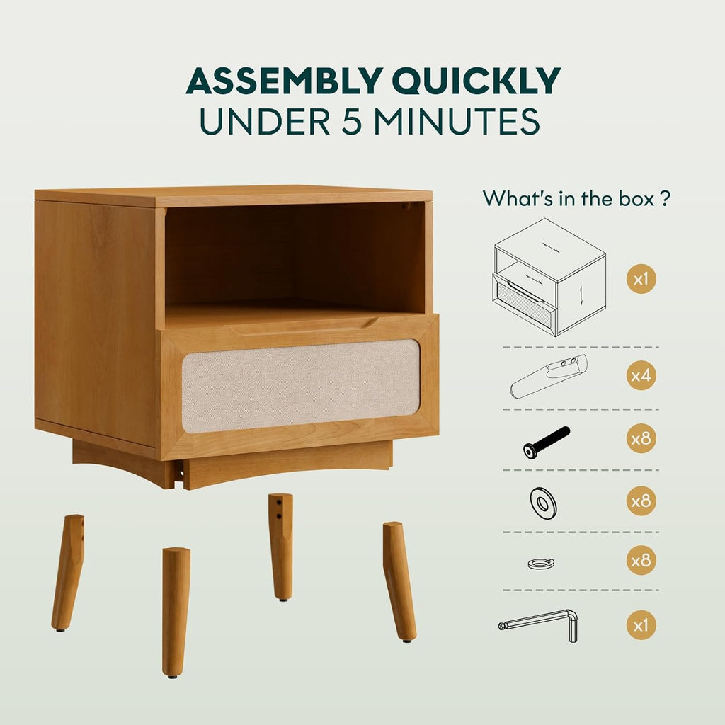Bme Calista Nightstand 1 Drawer – Solid Wood Teak Brown Finish Bedside Table with Open Shelf & Fabric Panel Drawer, Mid-Century Modern Style with Tapered Legs, Easy Assembly