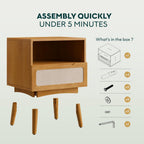 Bme Calista Nightstand 1 Drawer – Solid Wood Teak Brown Finish Bedside Table with Open Shelf & Fabric Panel Drawer, Mid-Century Modern Style with Tapered Legs, Easy Assembly