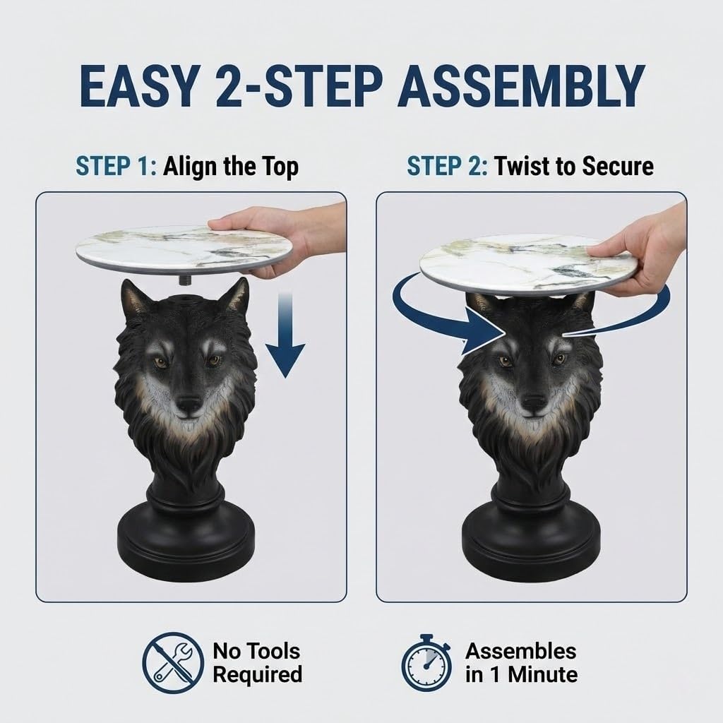 Modern Wolf Head Side Table, Artistic Animal Sculpture End Table with Faux Marble Top, Unique Fiberglass Accent Table for Living Room & Bedroom, Ideal Gift for Wolf Lovers (Realistic)