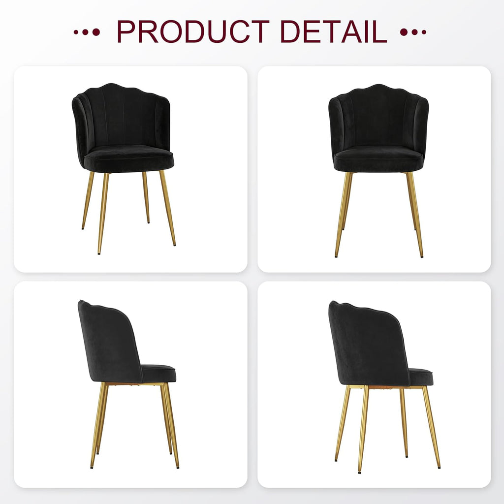 VECELO Velvet Dining Chairs Set of 6, Modern Upholstered Kitchen Chairs with Thick Cushions, Curved Padded Backrest and Metal Legs, for Kitchen, Dining Room, Living Room, Black