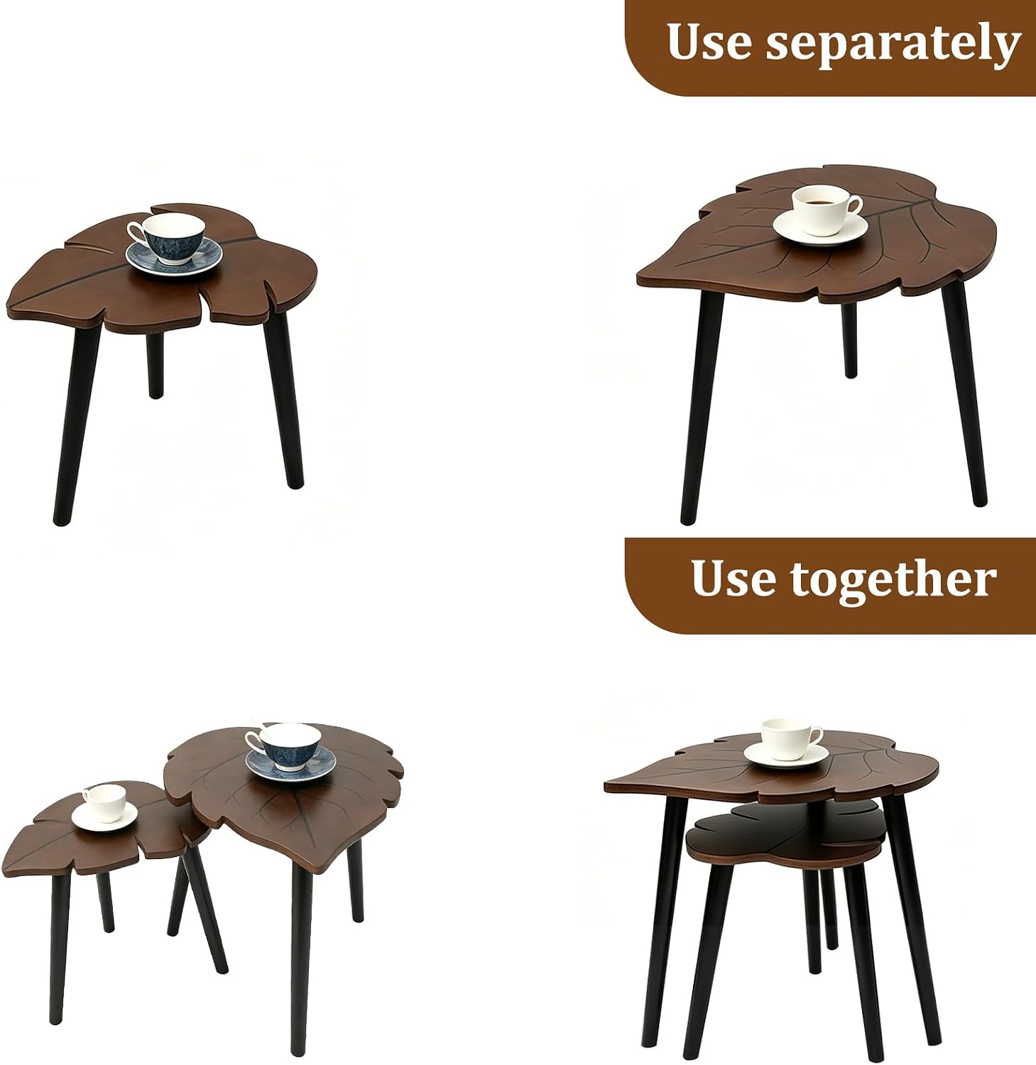 Nesting Coffee Table Set of 2, Monstera Leaf Wooden Side Tableble | Stacking Minimalist End Table for for Living Room Bedroom Apartment Balcony Yard Small Space, Sturdy and Easy Assembly, Brown