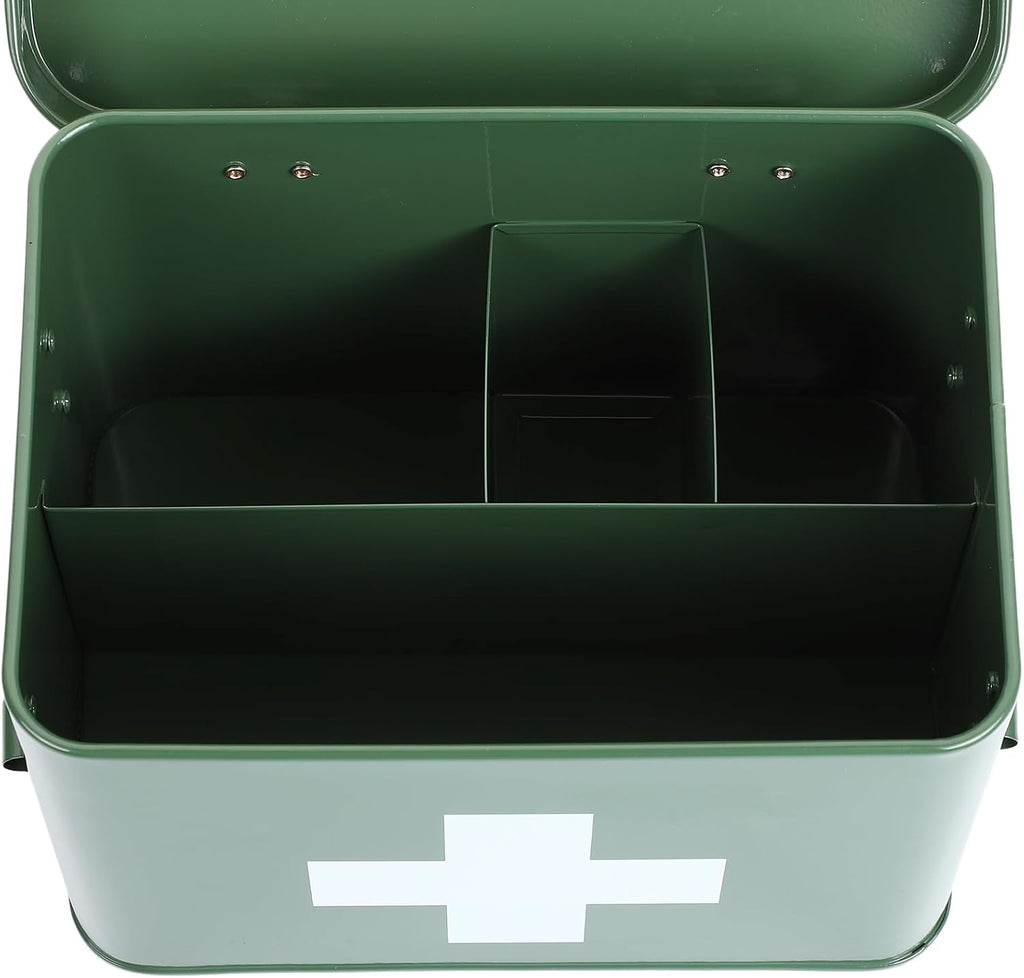Lassos Boutique Retro Enameled First Aid Box for Medicine Storage and Home Decor with Lid and Removable Tray (Green/White)