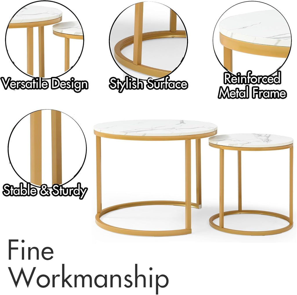 Small Round Nesting Coffee Table Set of 2 for Living Room, Wood Grain Faux Marble Modern Stacking Circle Coffee Table Side Table End Table with Metal Frame for Bedroom （Gold