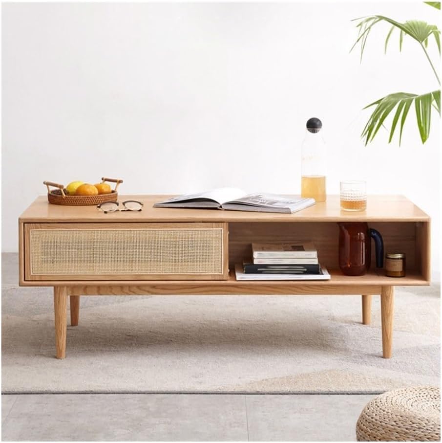 Dual-Sided Storage Coffee Table Sliding Door Drawer Light Finish Small Side Table