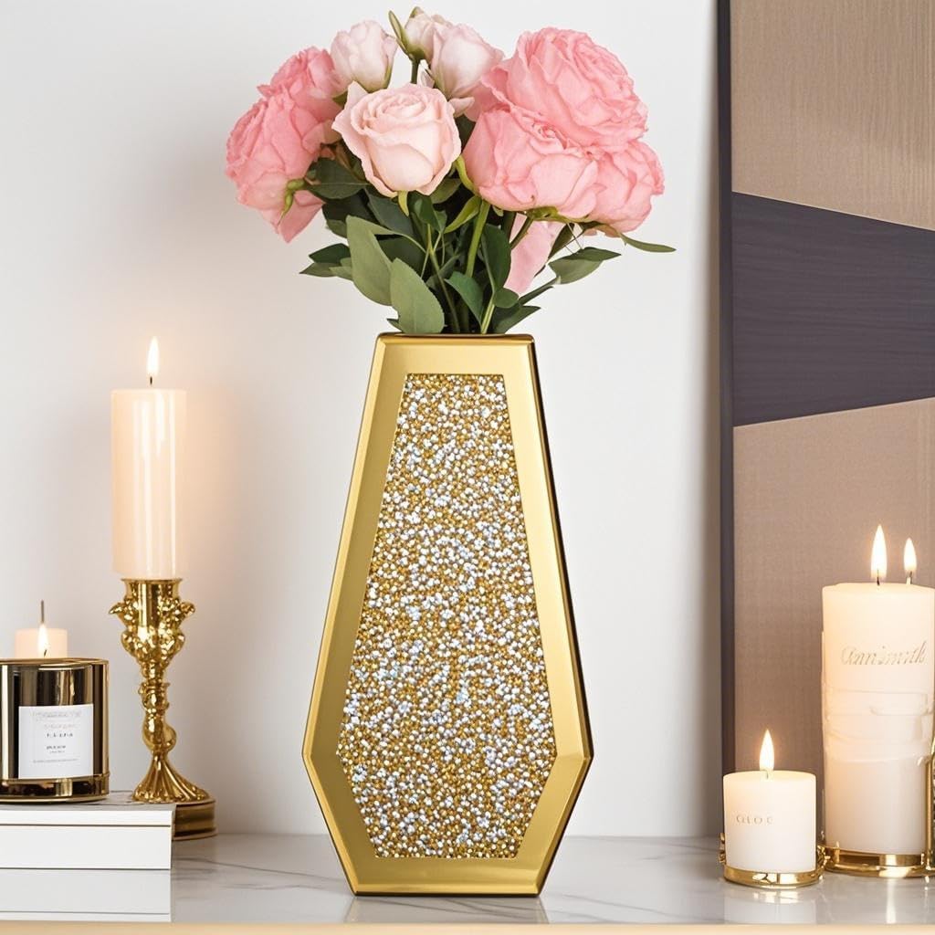 SHYFOY Gold Flower Vase Crushed Diamond Glass Vase Large Crystal Tall Vases for Centerpieces Luxurious Rhinestone Floor Vases Home Decor for Living Room Dining Room Coffee Table, Can’t Hold Water