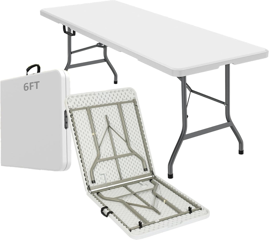 6FT Heavy Duty Folding Table, Portable Plastic Utility Table with Locking Legs & Handle, Indoor Outdoor Commercial Table for Watch Party, Tailgate, BBQ, Camping, Events, Backyard Dining White