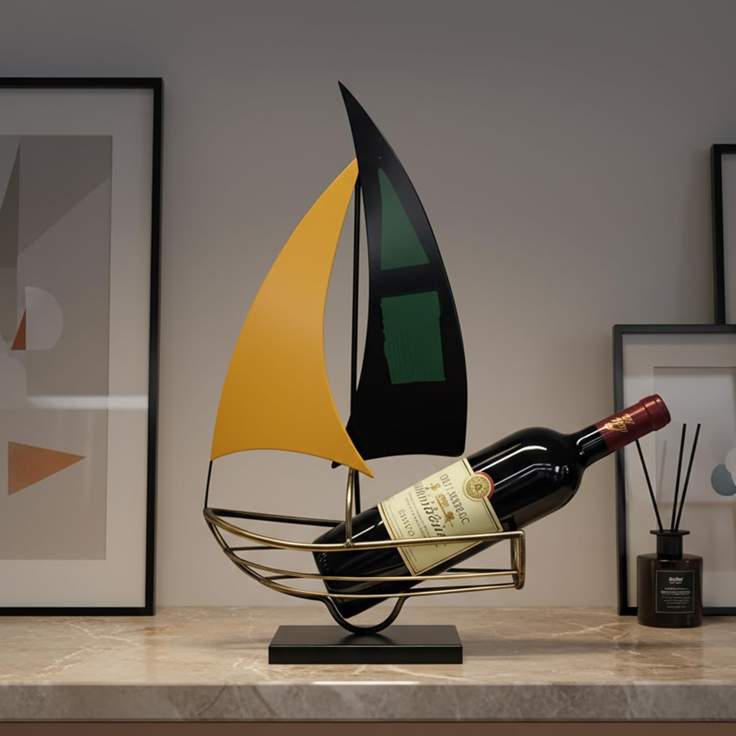 Metal Sailboat Wine Rack for Countertop – Decorative Wine Bottle Holder for Kitchen Bar Dining Table, Boat Sculpture Wine Stand Nautical Home Decor (Yellow and Green)