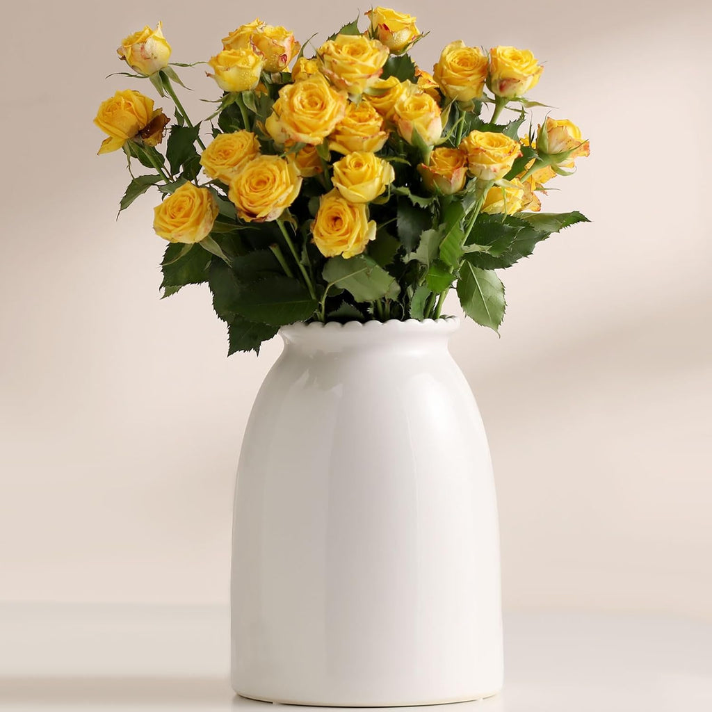 White Ceramic Vase Modern Minimalist Table Centerpiece, Round Smooth Flower Holder for Living Room, Shelf, Mantel, Wedding & Home Decor-8.27" H