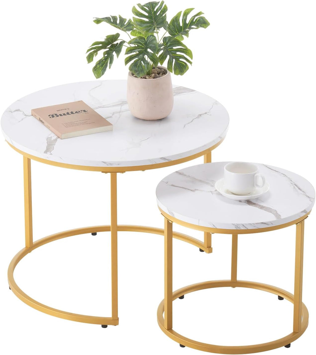 VEVOR Nesting Coffee Table Set of 2, 23.6 in Round Coffee Table, Nesting Tables for Small Place, Vintage End Side Tables Night Stand with Metal Frame, for Living Room, Bedroom, Office (White & Gold)
